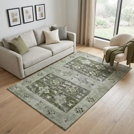 Olive Green Gray And Ivory Southwestern Washable Area Rug With UV Protection Photo 1