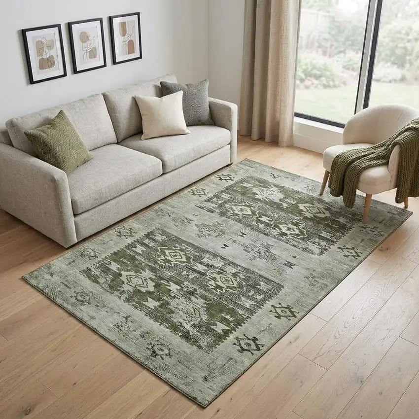 Olive Green Gray And Ivory Southwestern Washable Area Rug With UV Protection Photo 1