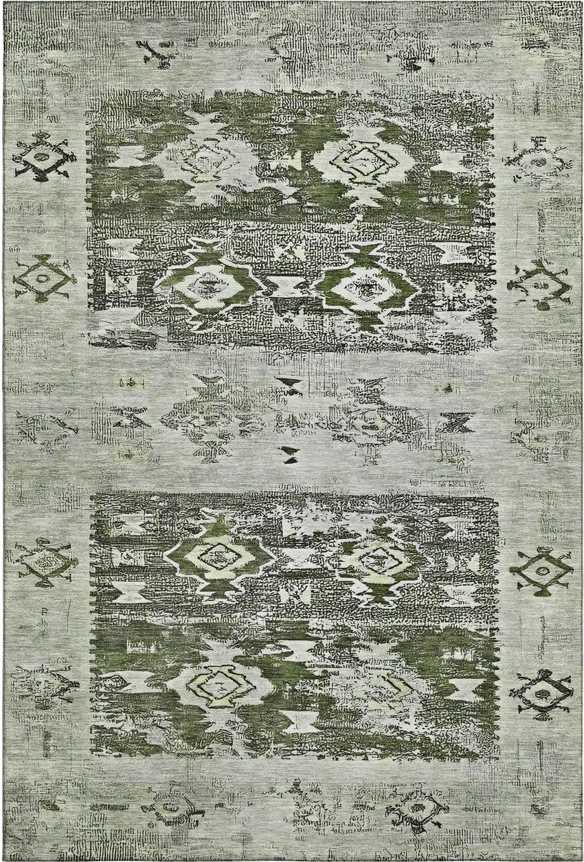Olive Green Gray And Ivory Southwestern Washable Area Rug With UV Protection Photo 1