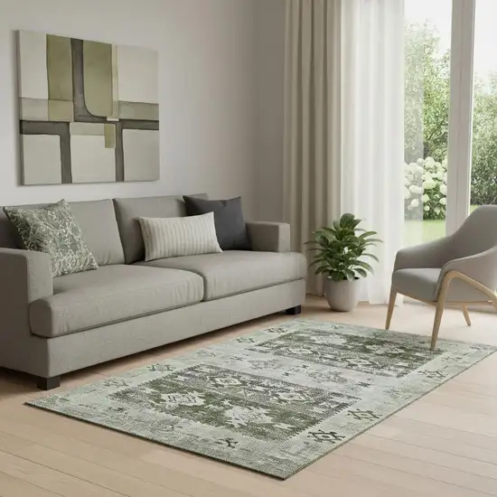 Olive Green Gray And Ivory Southwestern Washable Area Rug With UV Protection Photo 2