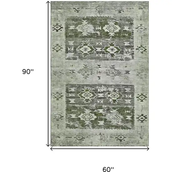 Olive Green Gray And Ivory Southwestern Washable Area Rug With UV Protection Photo 6