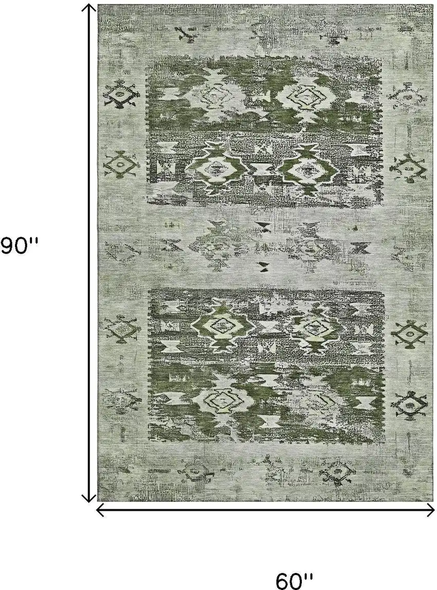 Olive Green Gray And Ivory Southwestern Washable Area Rug With UV Protection Photo 6