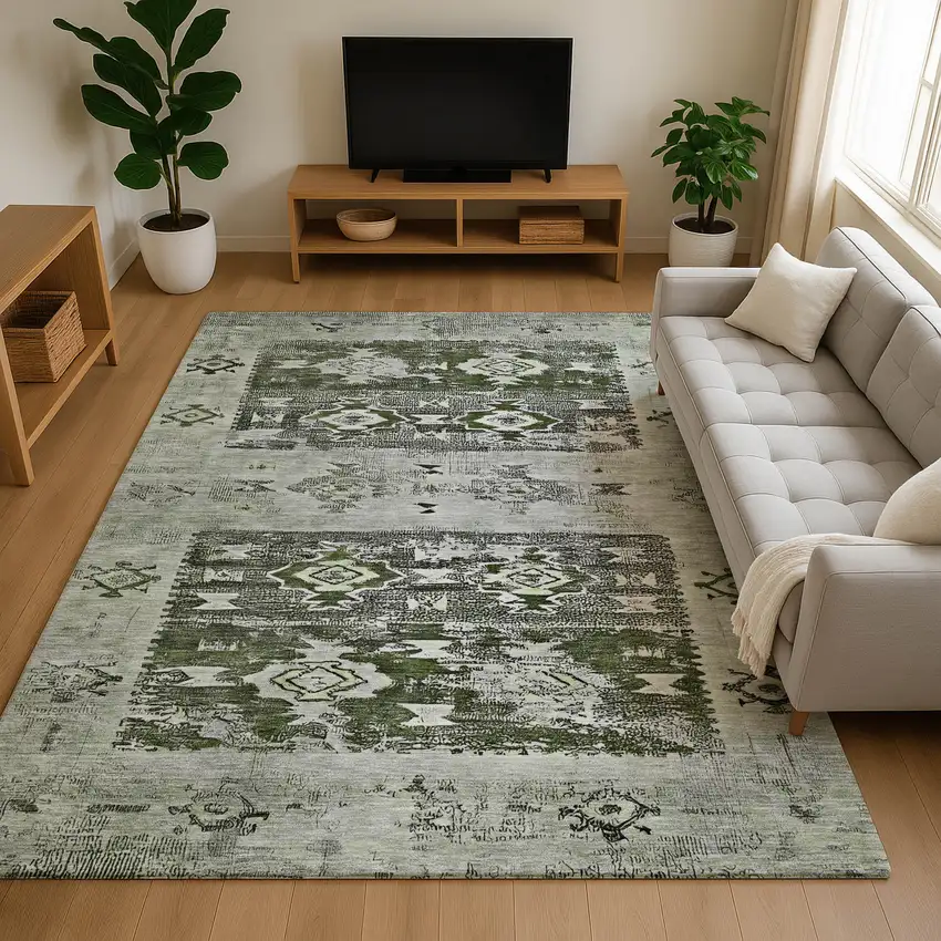 Olive Green Gray And Ivory Southwestern Washable Area Rug With UV Protection Photo 4