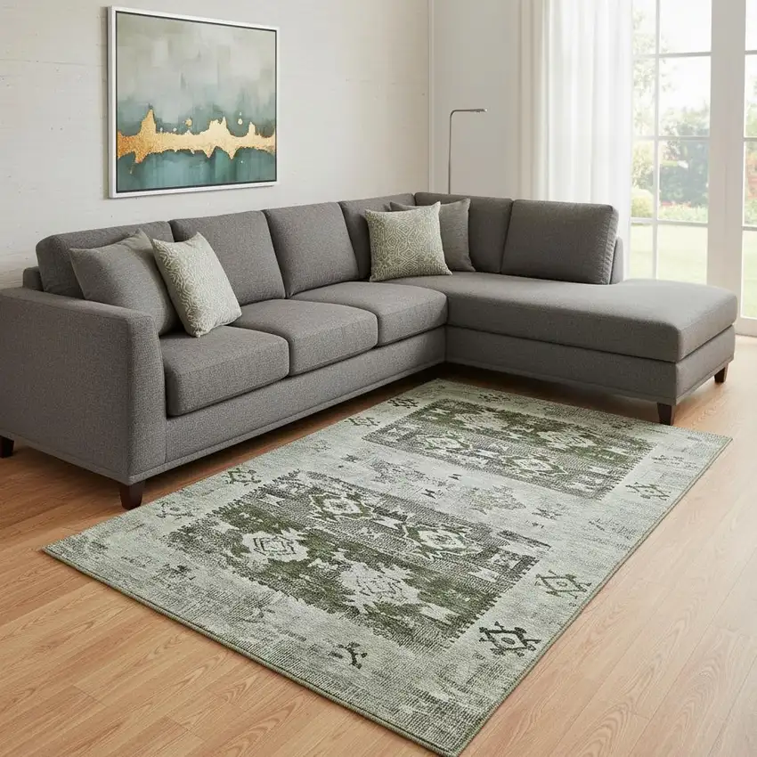 Olive Green Gray And Ivory Southwestern Washable Area Rug With UV Protection Photo 2