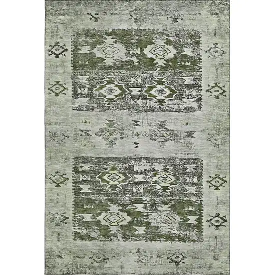 Olive Green Gray And Ivory Southwestern Washable Area Rug With UV Protection Photo 1