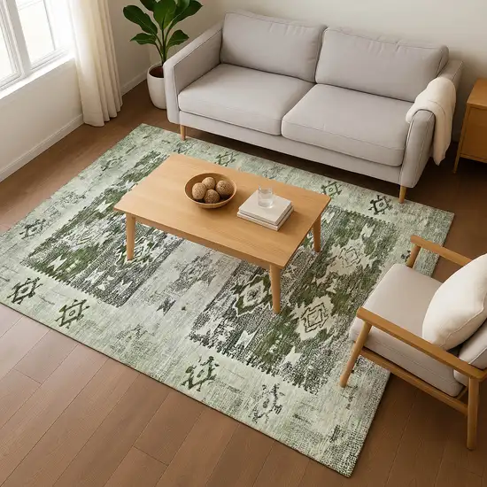 Olive Green Gray And Ivory Southwestern Washable Area Rug With UV Protection Photo 5