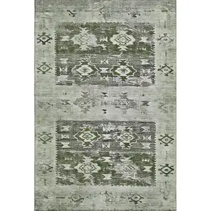 Photo of Olive Green Gray And Ivory Southwestern Washable Area Rug With UV Protection