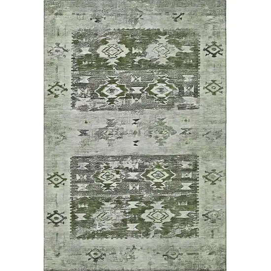 Olive Green Gray And Ivory Southwestern Washable Area Rug With UV Protection Photo 3