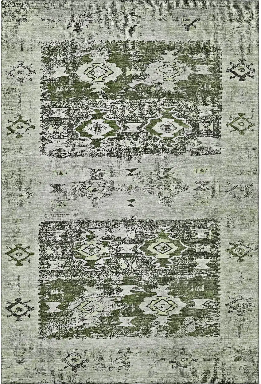 Olive Green Gray And Ivory Southwestern Washable Area Rug With UV Protection Photo 3
