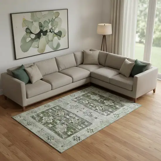 Olive Green Gray And Ivory Southwestern Washable Area Rug With UV Protection Photo 2