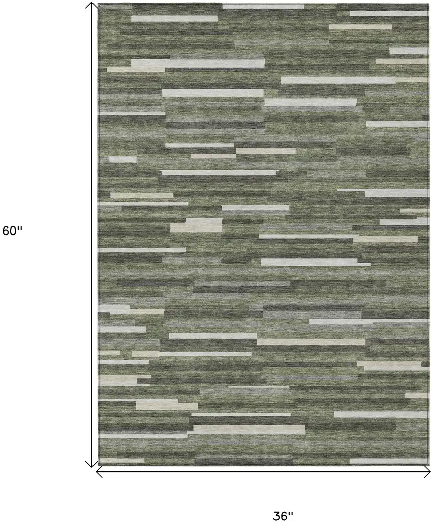 Olive Green Gray And Ivory Striped Washable Indoor Outdoor Area Rug Photo 3
