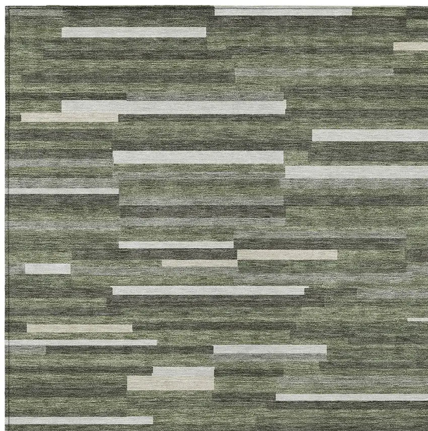 Olive Green Gray And Ivory Striped Washable Indoor Outdoor Area Rug Photo 7