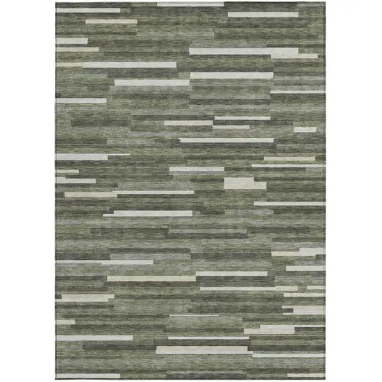 Olive Green Gray And Ivory Striped Washable Indoor Outdoor Area Rug Photo 8