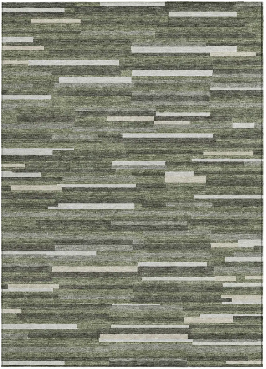 Olive Green Gray And Ivory Striped Washable Indoor Outdoor Area Rug Photo 8