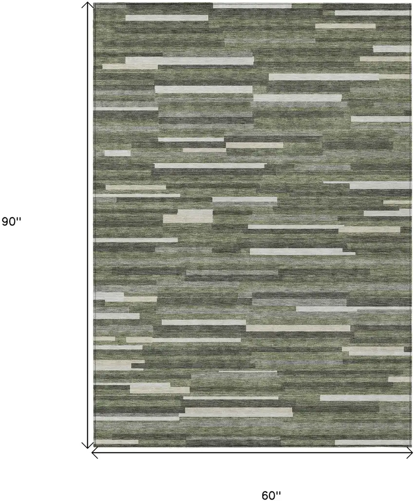 Olive Green Gray And Ivory Striped Washable Indoor Outdoor Area Rug Photo 3
