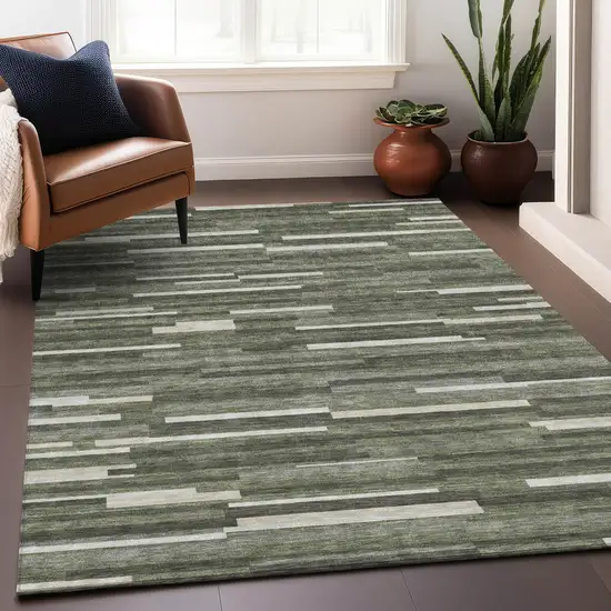 Olive Green Gray And Ivory Striped Washable Indoor Outdoor Area Rug Photo 9