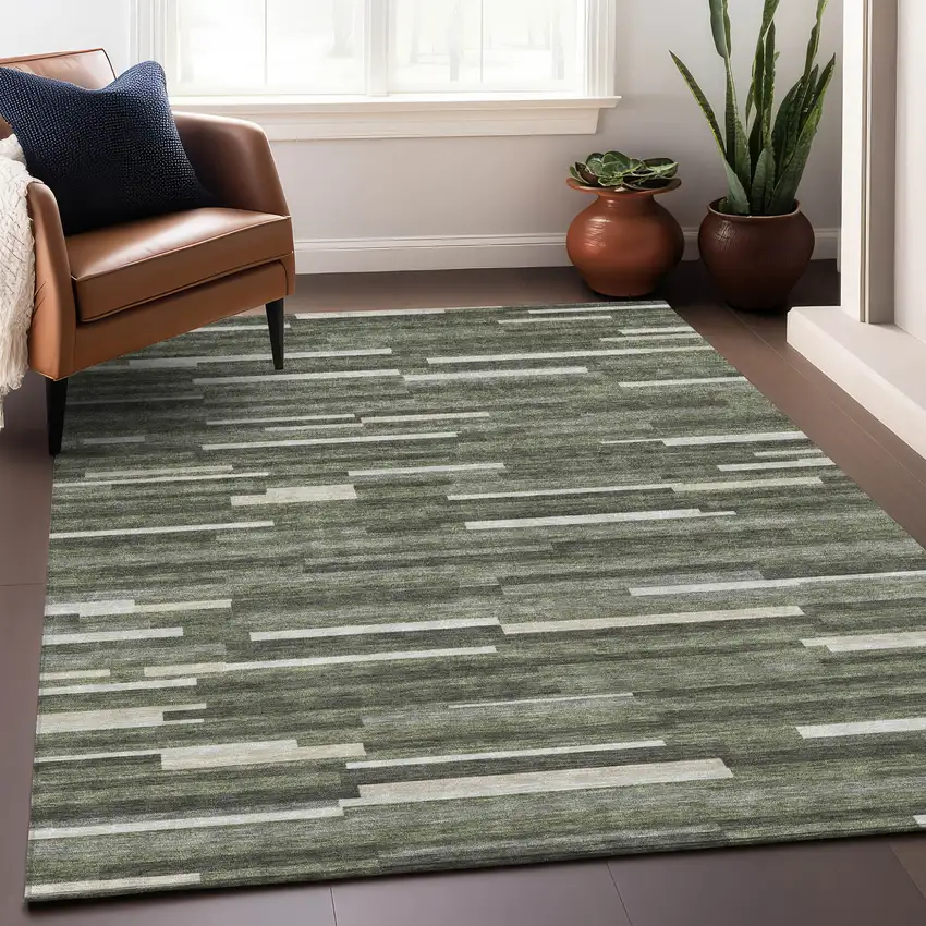 Olive Green Gray And Ivory Striped Washable Indoor Outdoor Area Rug Photo 9