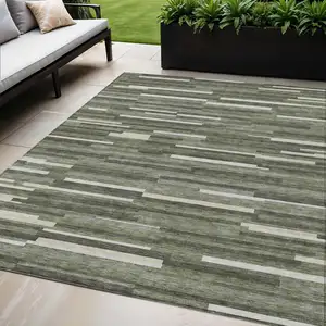 Photo of Olive Green Gray And Ivory Striped Washable Indoor Outdoor Area Rug