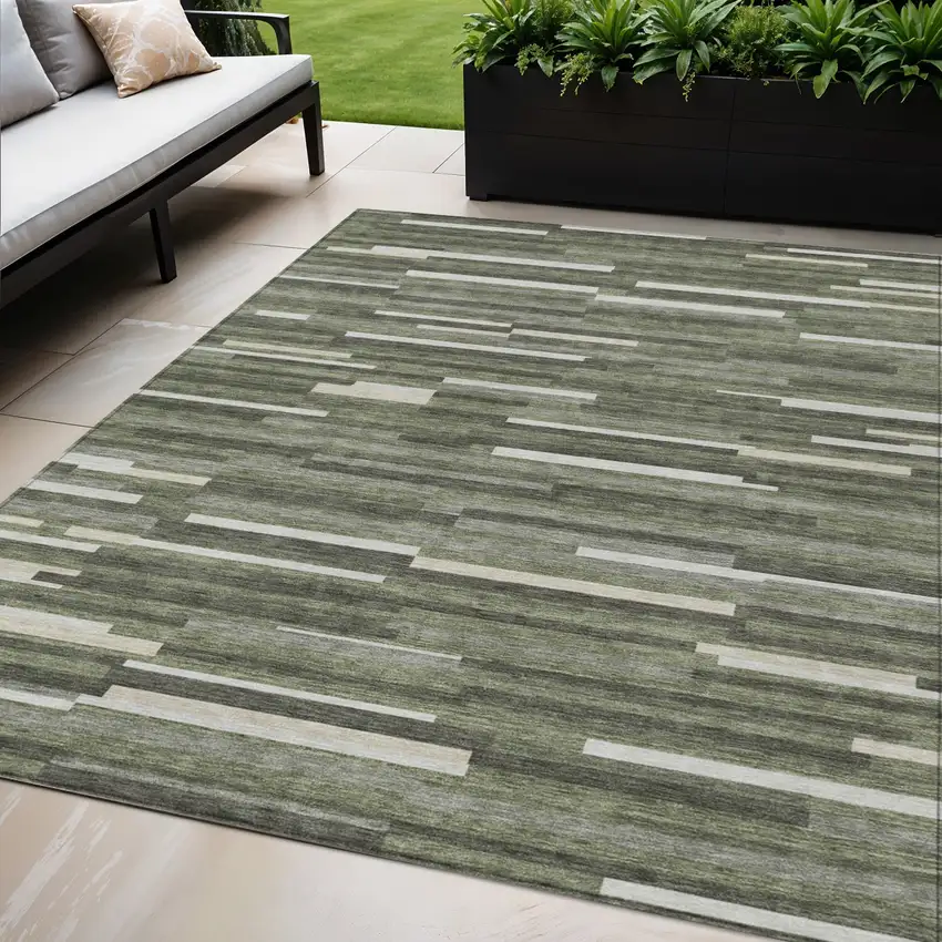 Olive Green Gray And Ivory Striped Washable Indoor Outdoor Area Rug Photo 1