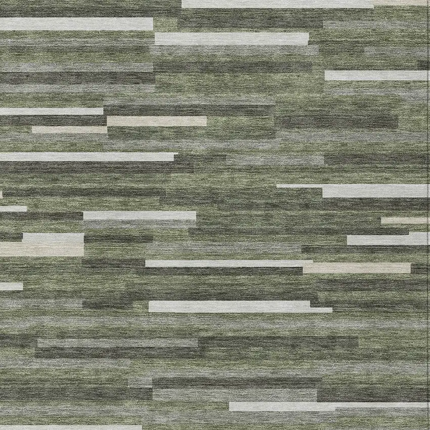 Olive Green Gray And Ivory Striped Washable Indoor Outdoor Area Rug Photo 7