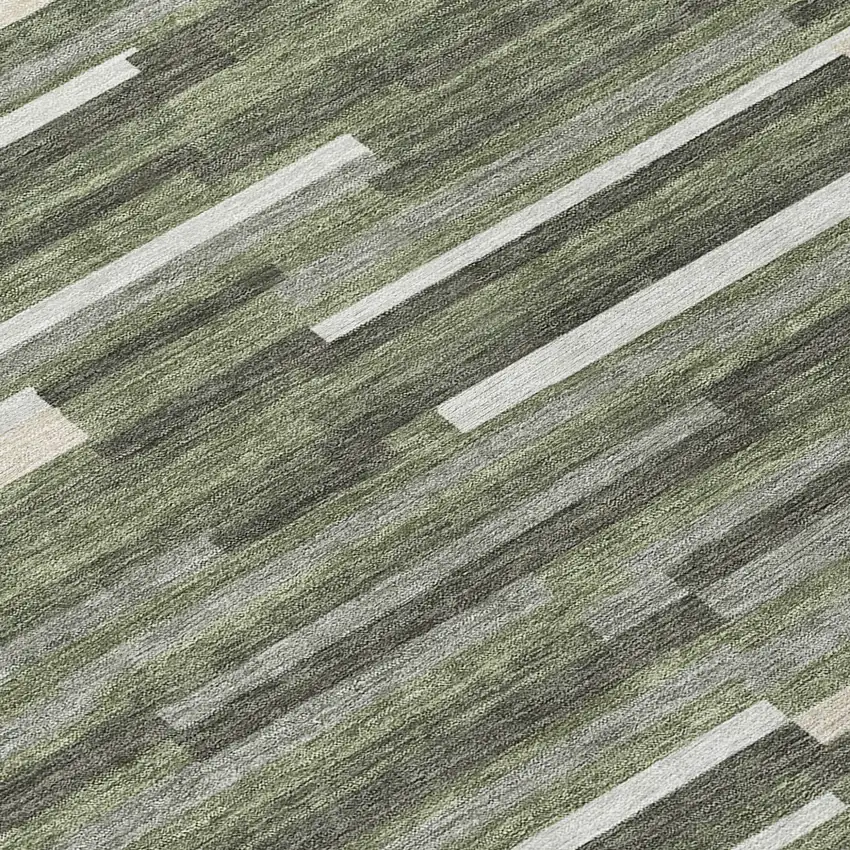 Olive Green Gray And Ivory Striped Washable Indoor Outdoor Area Rug Photo 6