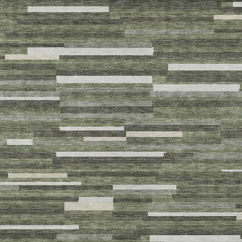 Olive Green Gray And Ivory Striped Washable Indoor Outdoor Area Rug Photo 7