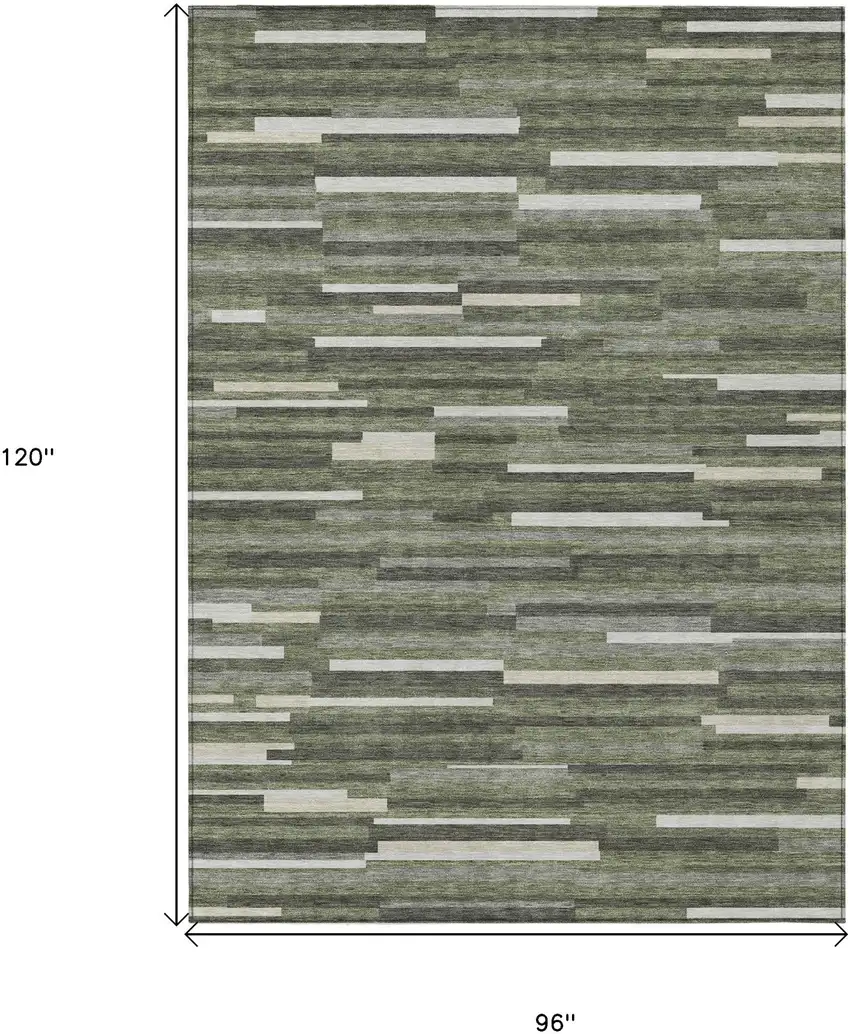 Olive Green Gray And Ivory Striped Washable Indoor Outdoor Area Rug Photo 3
