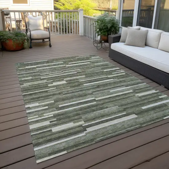 Olive Green Gray And Ivory Striped Washable Indoor Outdoor Area Rug Photo 9