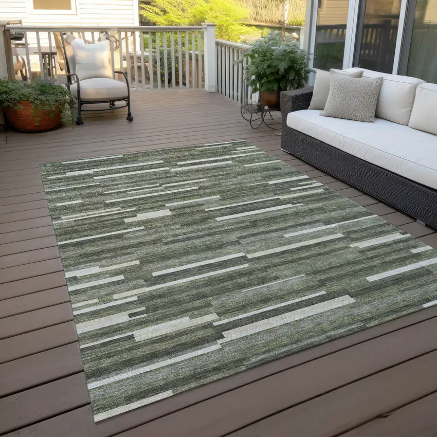 Olive Green Gray And Ivory Striped Washable Indoor Outdoor Area Rug Photo 9