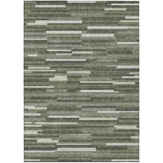 Olive Green Gray And Ivory Striped Washable Indoor Outdoor Area Rug Photo 2