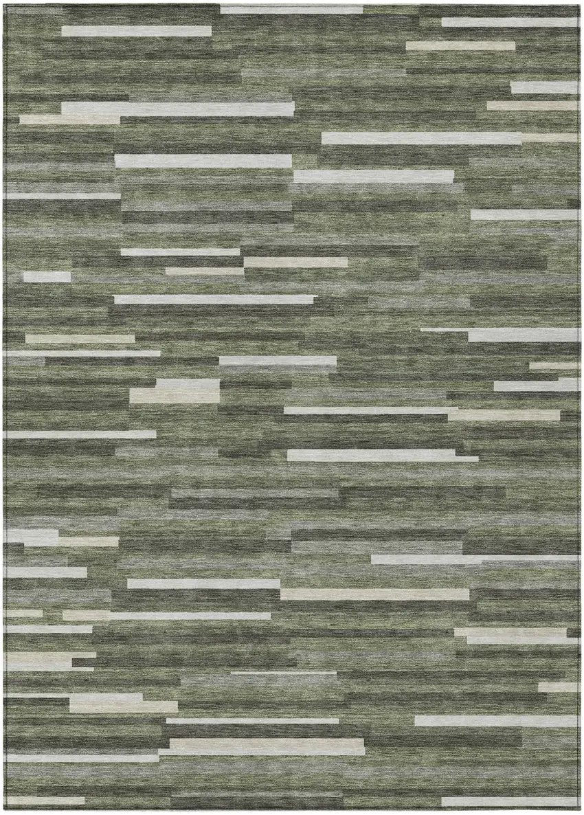 Olive Green Gray And Ivory Striped Washable Indoor Outdoor Area Rug Photo 2