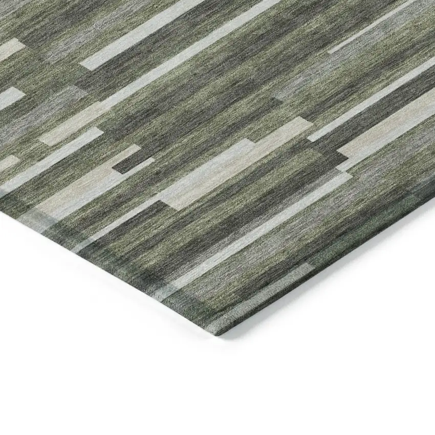 Olive Green Gray And Ivory Striped Washable Indoor Outdoor Area Rug Photo 5