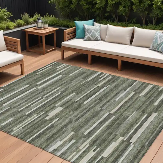 Olive Green Gray And Ivory Striped Washable Indoor Outdoor Area Rug Photo 1