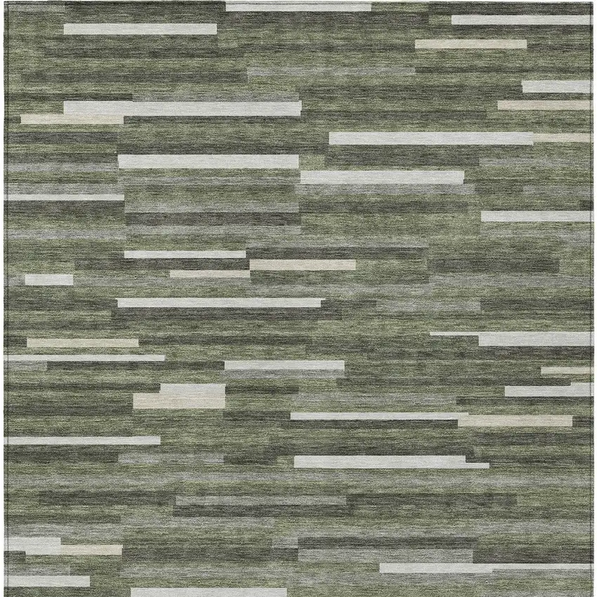 Olive Green Gray And Ivory Striped Washable Indoor Outdoor Area Rug Photo 8