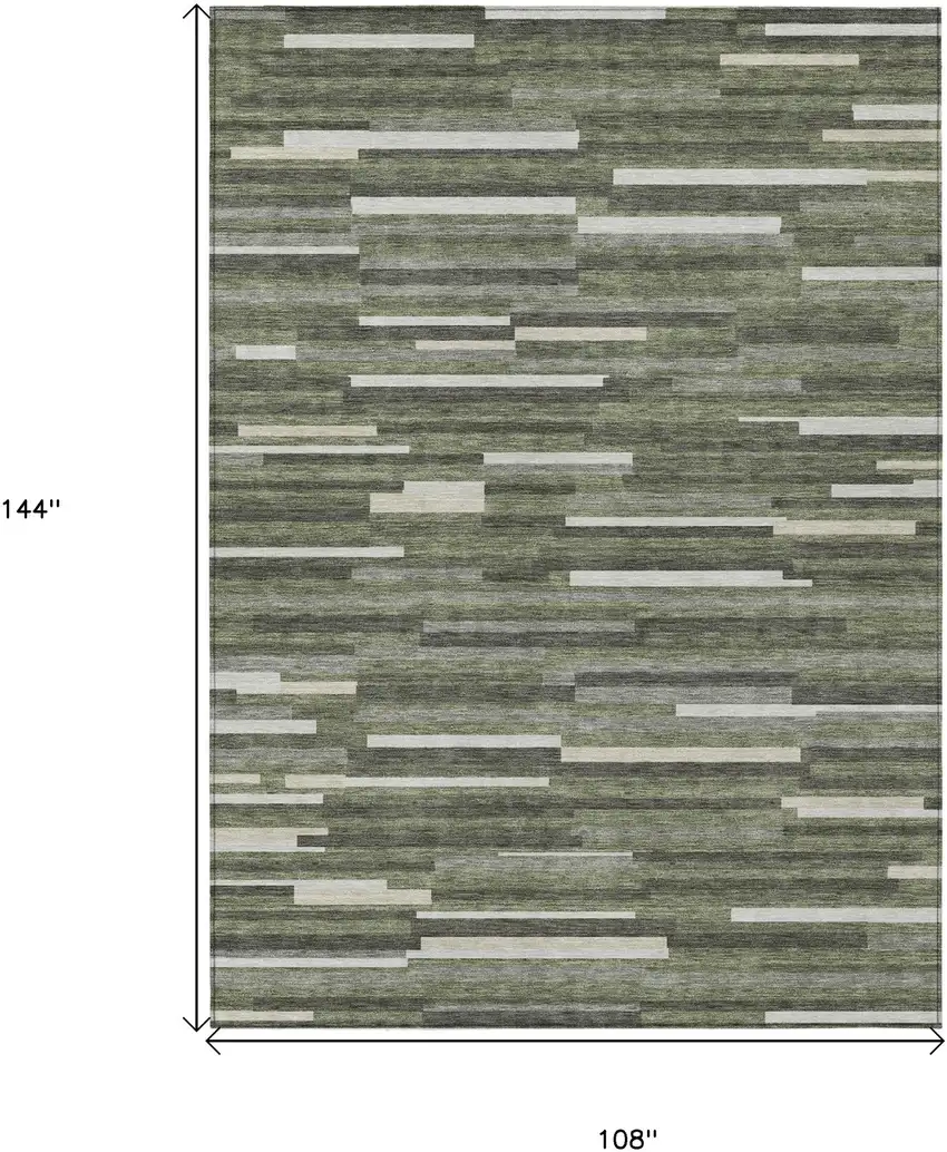 Olive Green Gray And Ivory Striped Washable Indoor Outdoor Area Rug Photo 3