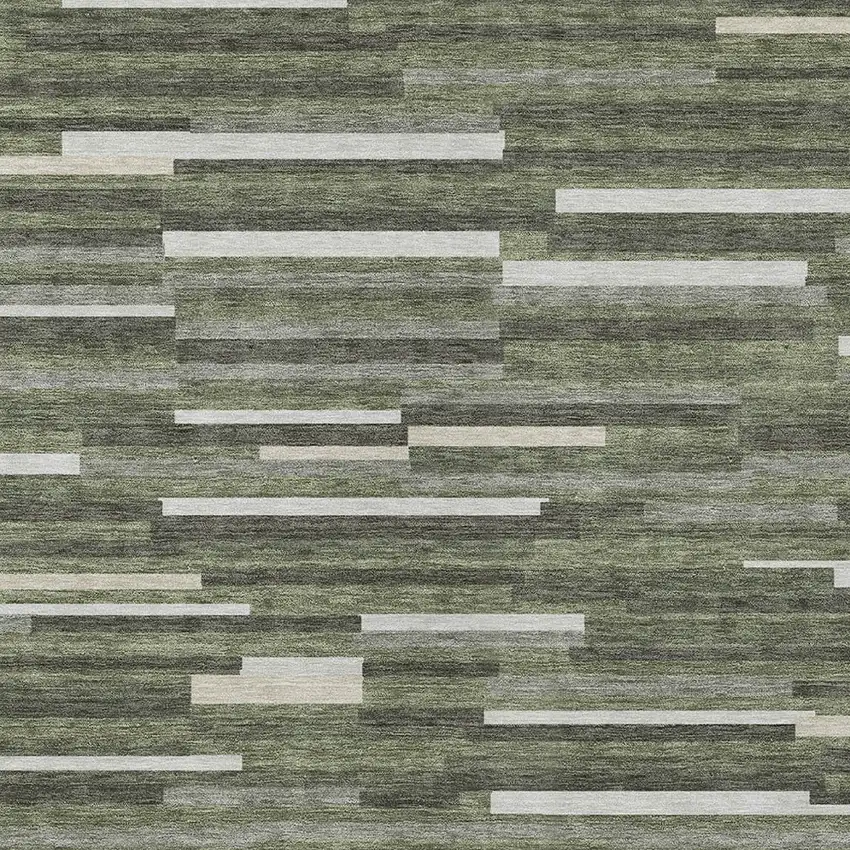 Olive Green Gray And Ivory Striped Washable Indoor Outdoor Area Rug Photo 7