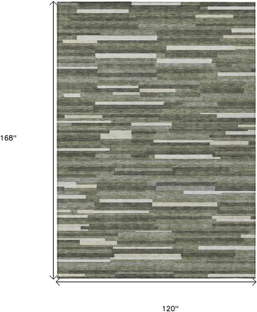 Olive Green Gray And Ivory Striped Washable Indoor Outdoor Area Rug Photo 3