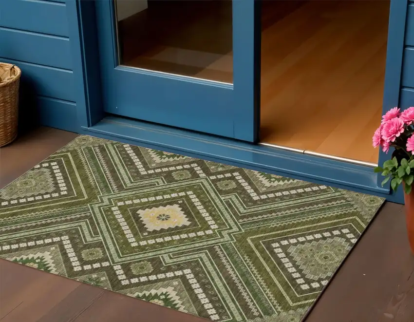 Olive Green Gray And Ivory Tribal Washable Indoor Outdoor Area Rug Photo 1