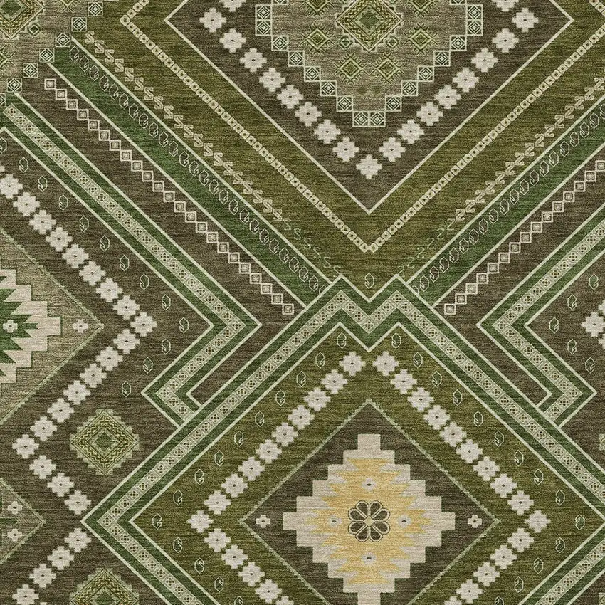 Olive Green Gray And Ivory Tribal Washable Indoor Outdoor Area Rug Photo 5