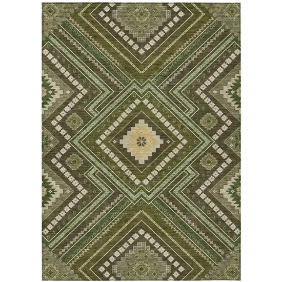 Olive Green Gray And Ivory Tribal Washable Indoor Outdoor Area Rug Photo 2
