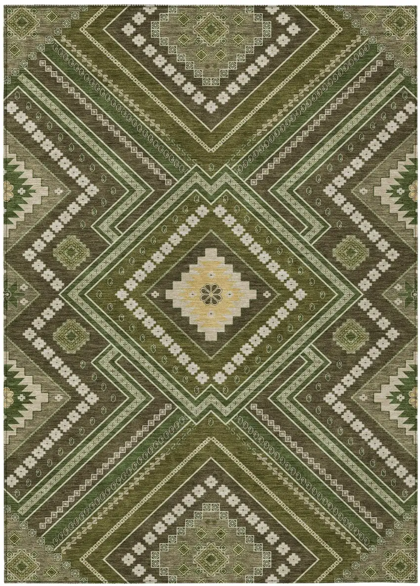 Olive Green Gray And Ivory Tribal Washable Indoor Outdoor Area Rug Photo 2