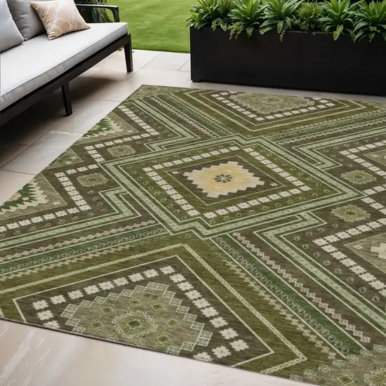 Olive Green Gray And Ivory Tribal Washable Indoor Outdoor Area Rug Photo 1