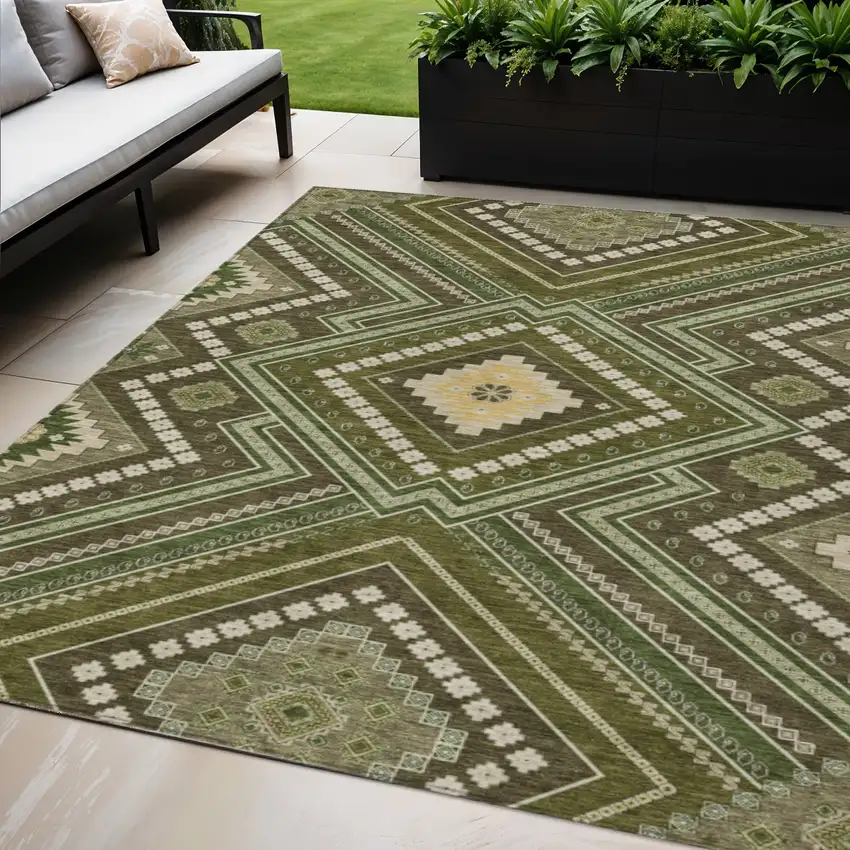 Olive Green Gray And Ivory Tribal Washable Indoor Outdoor Area Rug Photo 1