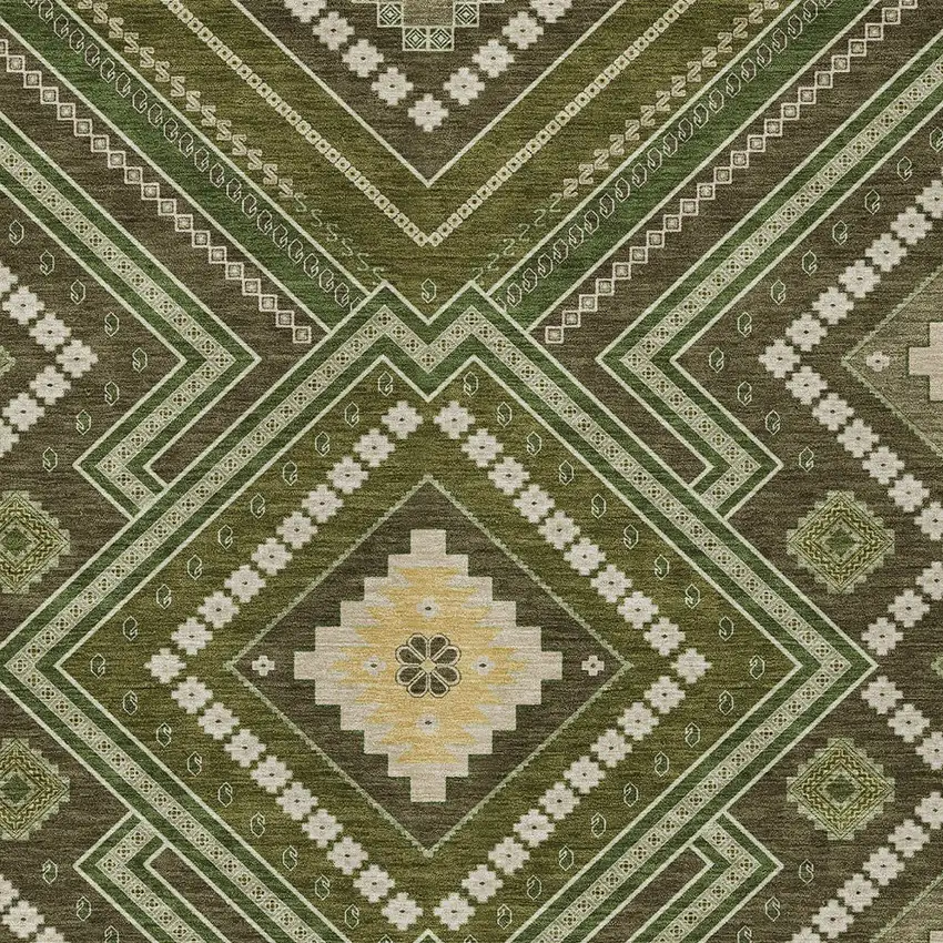 Olive Green Gray And Ivory Tribal Washable Indoor Outdoor Area Rug Photo 5