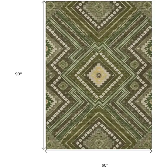 Olive Green Gray And Ivory Tribal Washable Indoor Outdoor Area Rug Photo 7