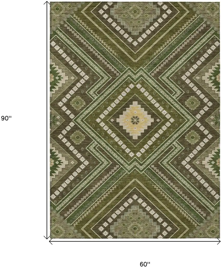 Olive Green Gray And Ivory Tribal Washable Indoor Outdoor Area Rug Photo 7