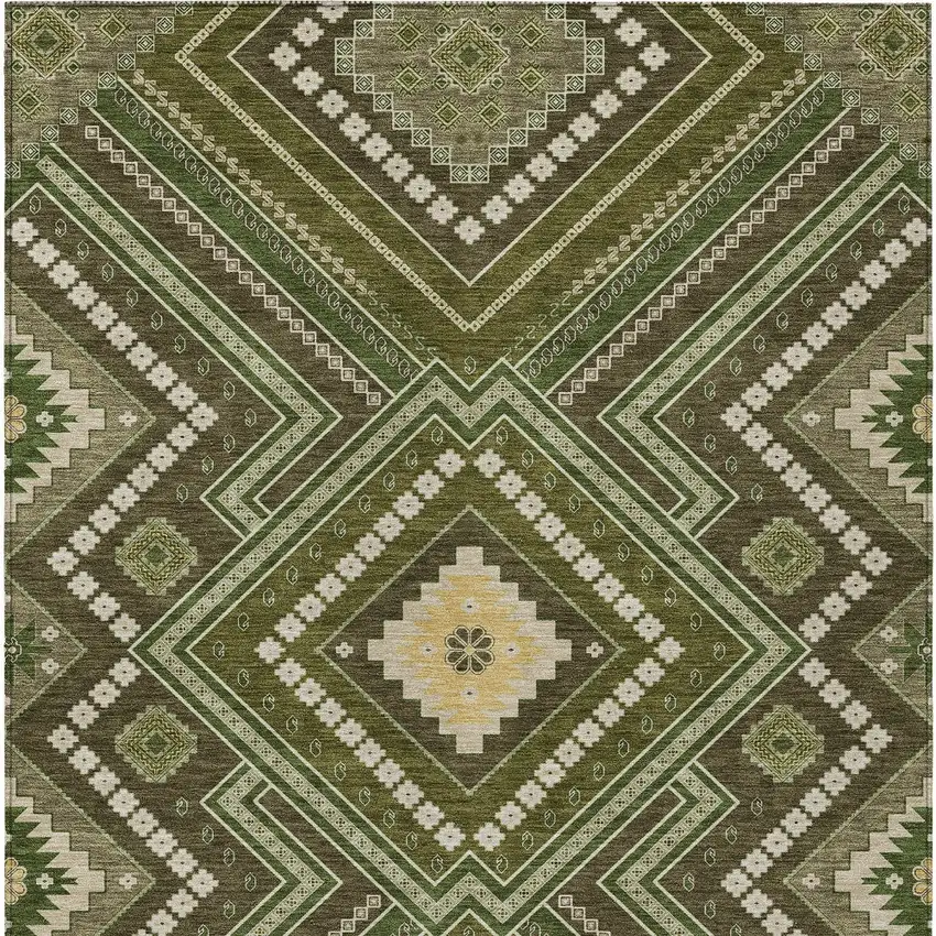 Olive Green Gray And Ivory Tribal Washable Indoor Outdoor Area Rug Photo 6