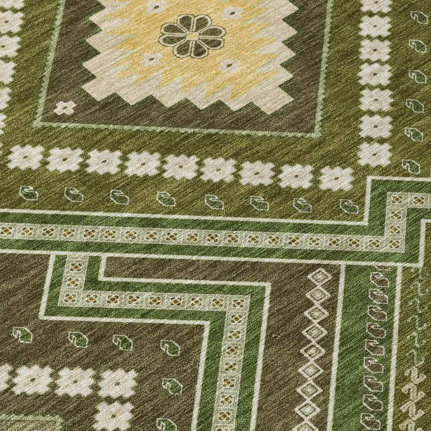 Olive Green Gray And Ivory Tribal Washable Indoor Outdoor Area Rug Photo 4