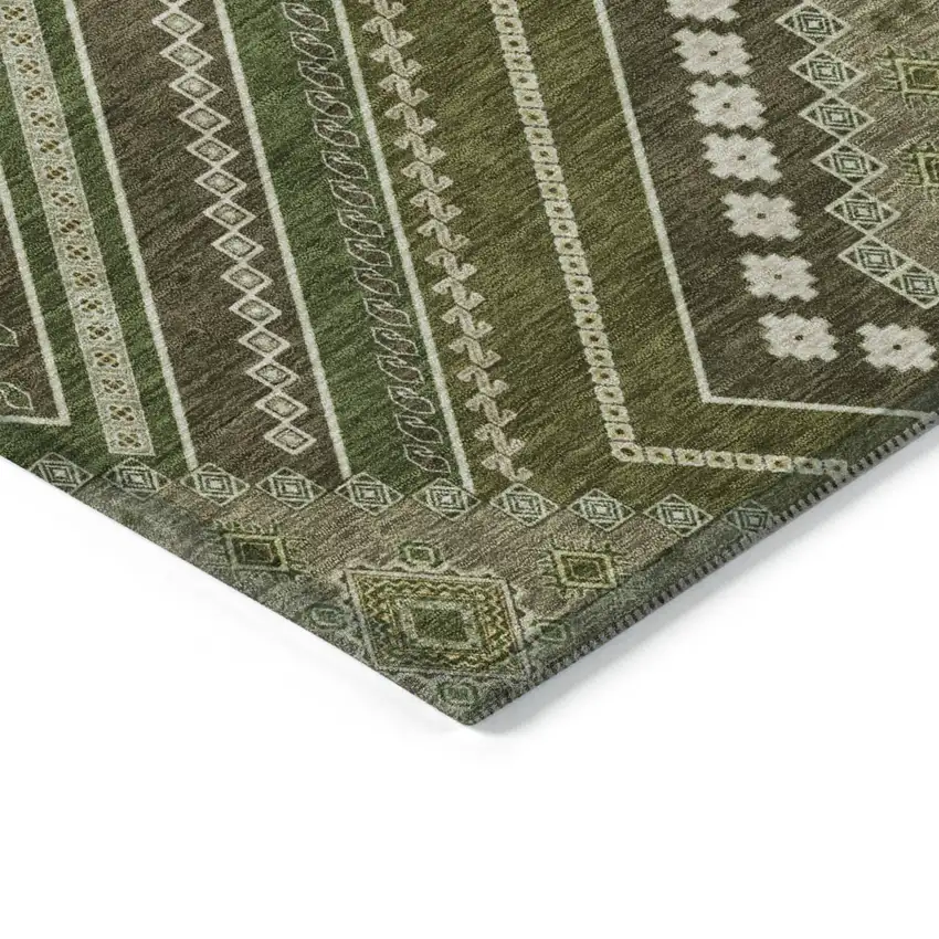 Olive Green Gray And Ivory Tribal Washable Indoor Outdoor Area Rug Photo 3