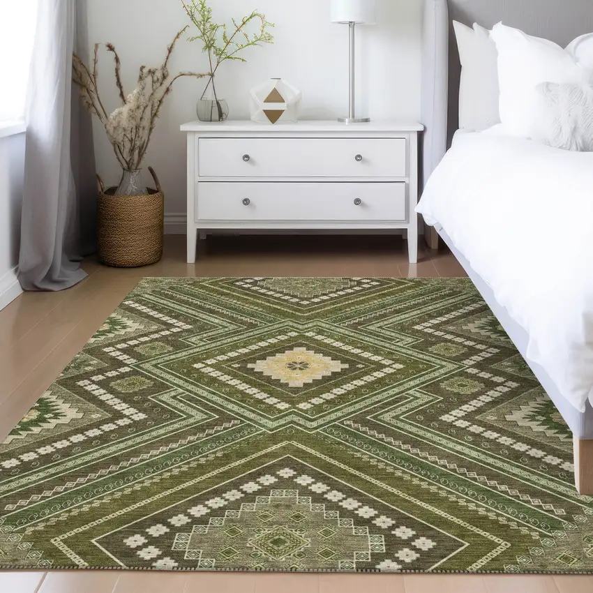 Olive Green Gray And Ivory Tribal Washable Indoor Outdoor Area Rug Photo 9